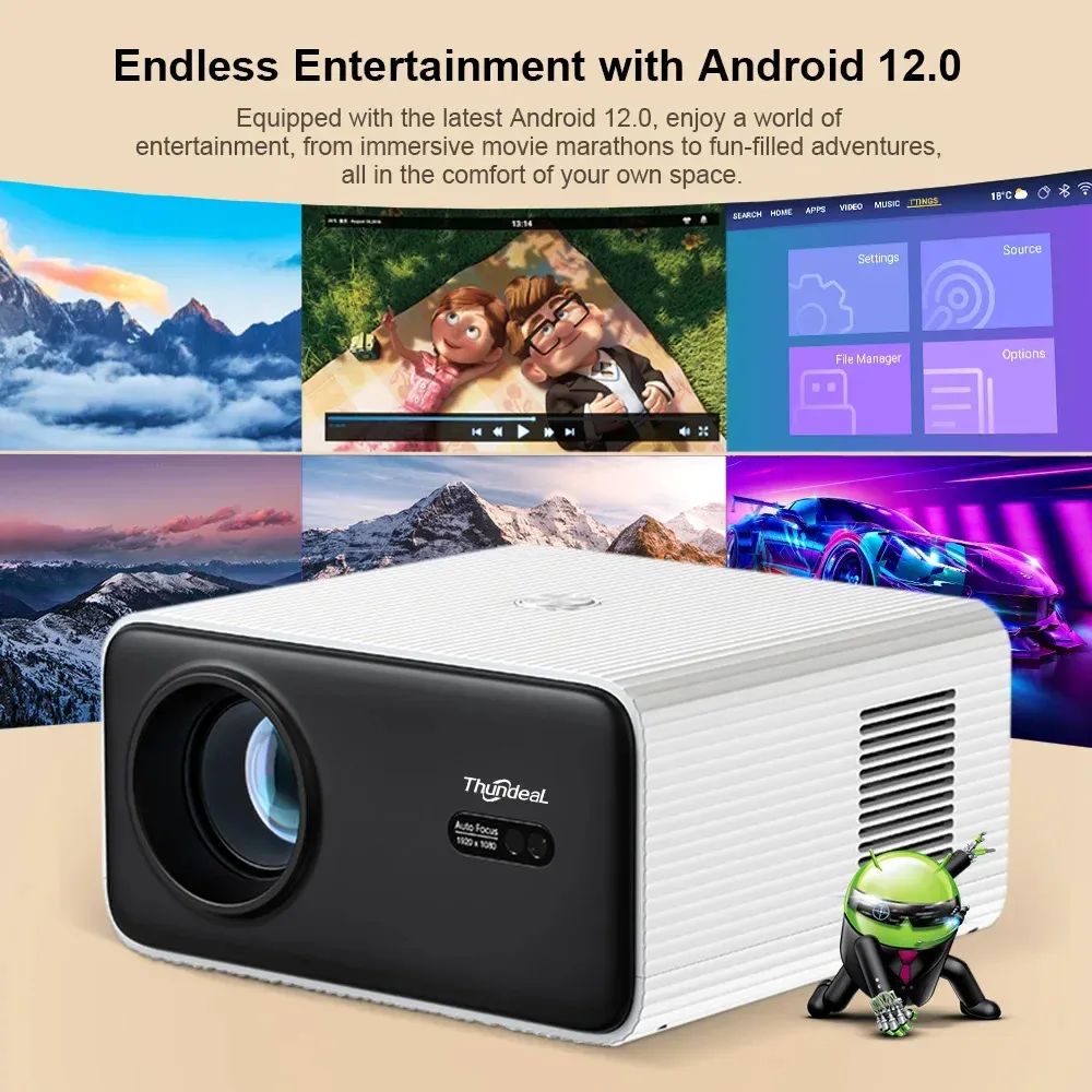 ThundeaL TD85W Portable Full HD 1080P Android 12 Projector 14000 Lumens WiFi 6 & bluetooth-Compatible Auto Focus Keystone Correction Home Theater Built-in 5W Speaker Mini Smart Projector