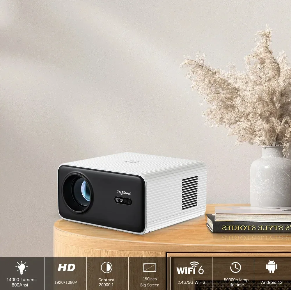 ThundeaL TD85W Portable Full HD 1080P Android 12 Projector 14000 Lumens WiFi 6 & bluetooth-Compatible Auto Focus Keystone Correction Home Theater Built-in 5W Speaker Mini Smart Projector