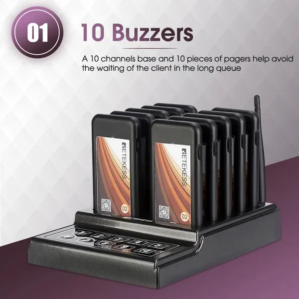Retekess TD174 10 Channels Restaurant Pager CoasterVibrator Buzzers Small Size Paging System for Coffee Church Clinic Food Truck Bar Club