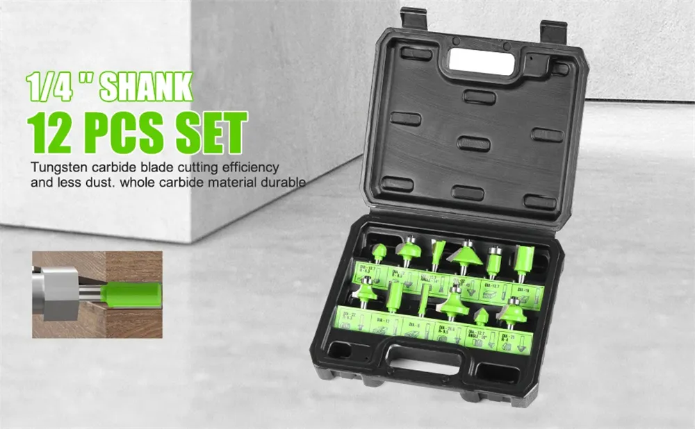 12PCS Router Bit Set 1/4 Inch Shank Tungsten Carbide Woodworking Milling Cutter for Hardwood Plywood Particle Board Engraving Machine 12PCS Router Bit Set 1/4 Inch Shank Tungsten Carbide Woodworking Milling Cutter for Hardwood Plywood Particle Board Engraving Machine
