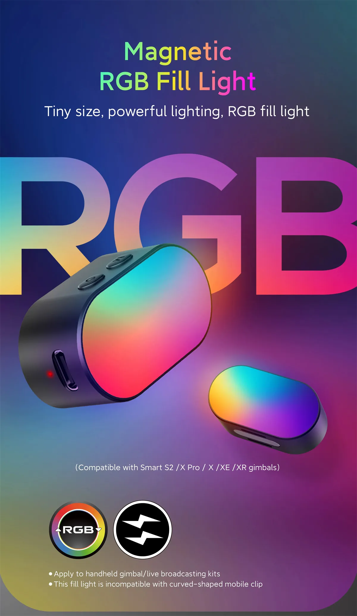 AOCHUAN Mini RGB Magnetic Filling Light 3-stop Brightness 7 Color Adjustment Gimbal LED Video Photography Light for Phone Selfie