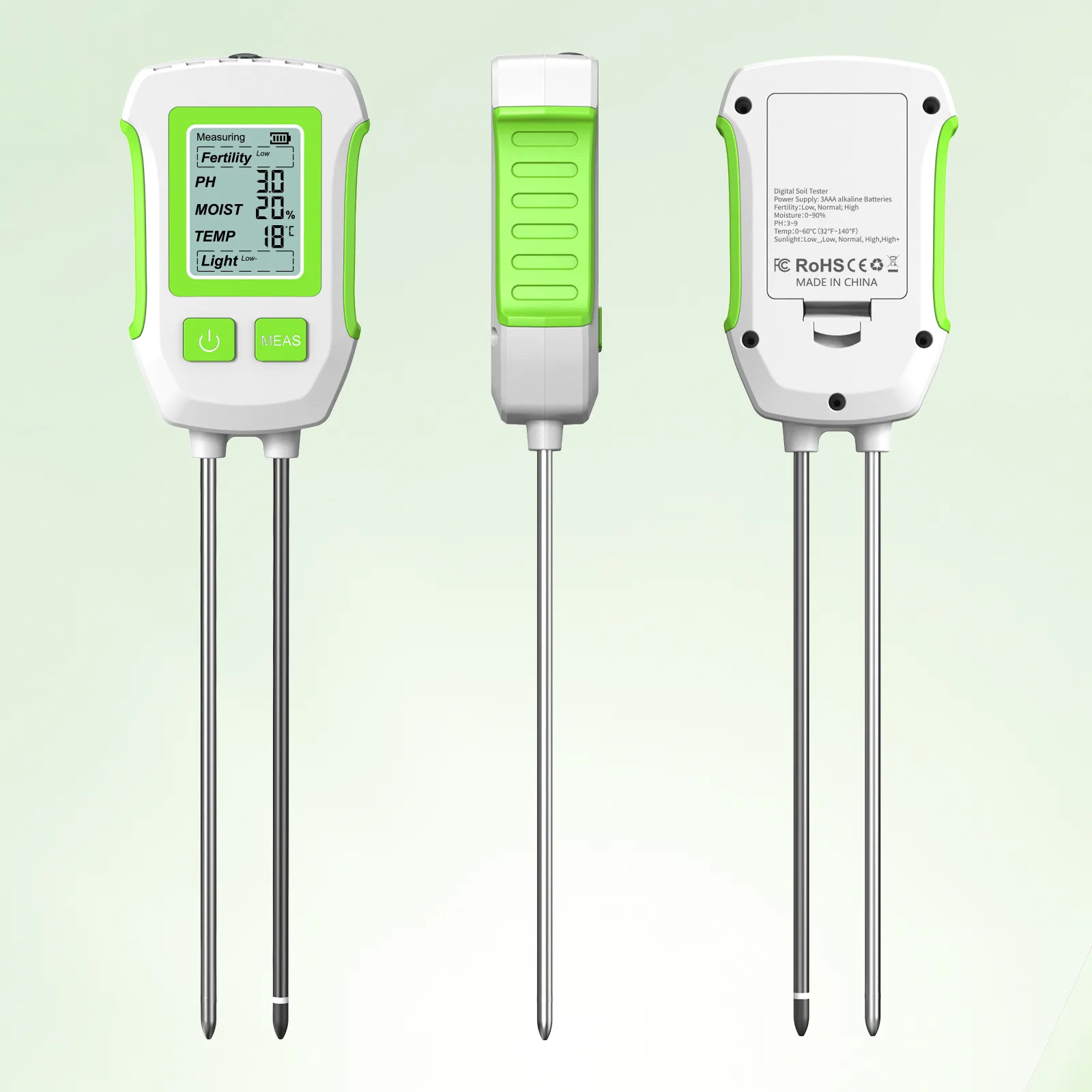 5 in 1 High Accuracy Soil Sensor Tester Moisture pH Fertility Temperature Sunlight Meter Corrosion Resistant Probes LCD Display Anti Slip Handle