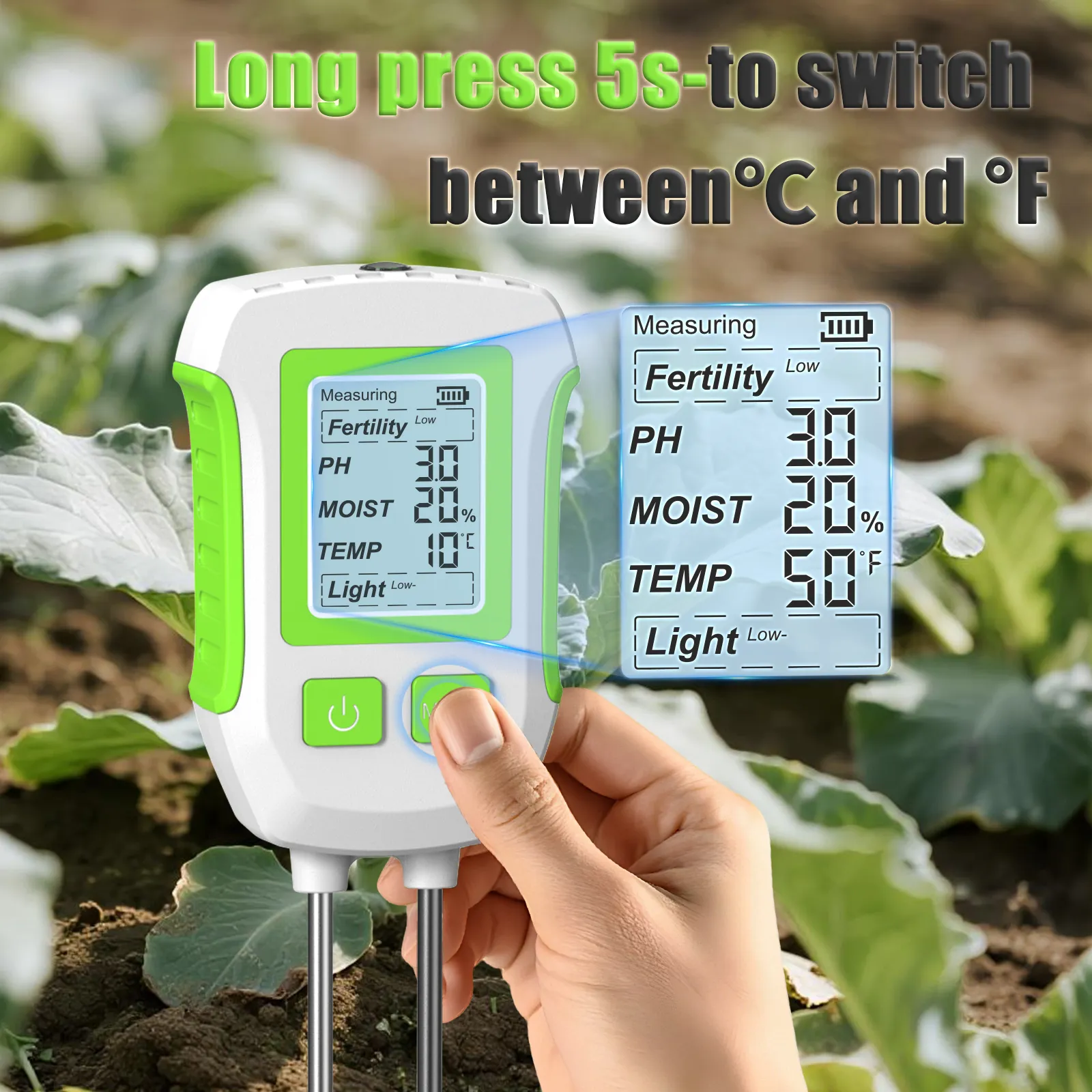 5 in 1 High Accuracy Soil Sensor Tester Moisture pH Fertility Temperature Sunlight Meter Corrosion Resistant Probes LCD Display Anti Slip Handle