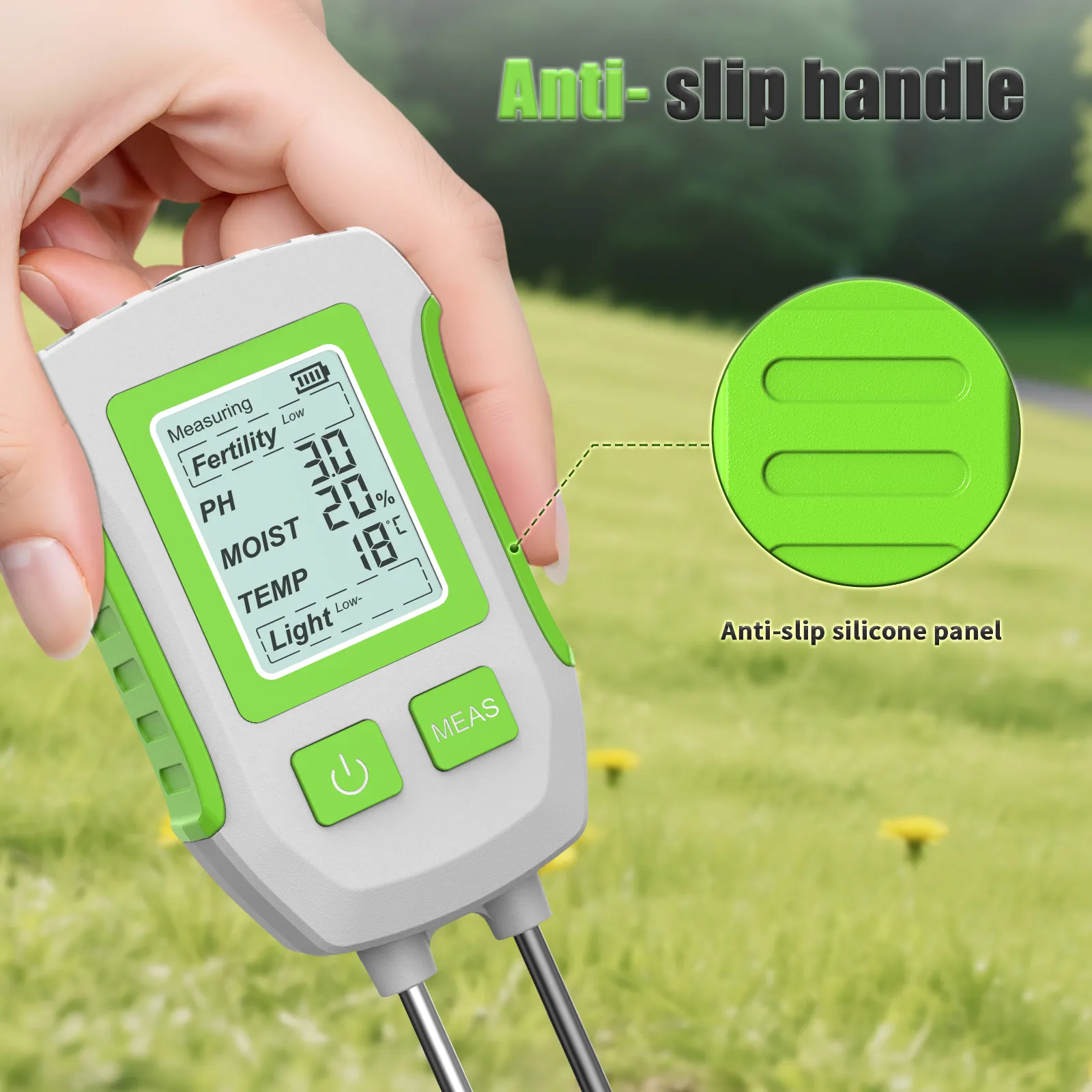 5 in 1 High Accuracy Soil Sensor Tester Moisture pH Fertility Temperature Sunlight Meter Corrosion Resistant Probes LCD Display Anti Slip Handle