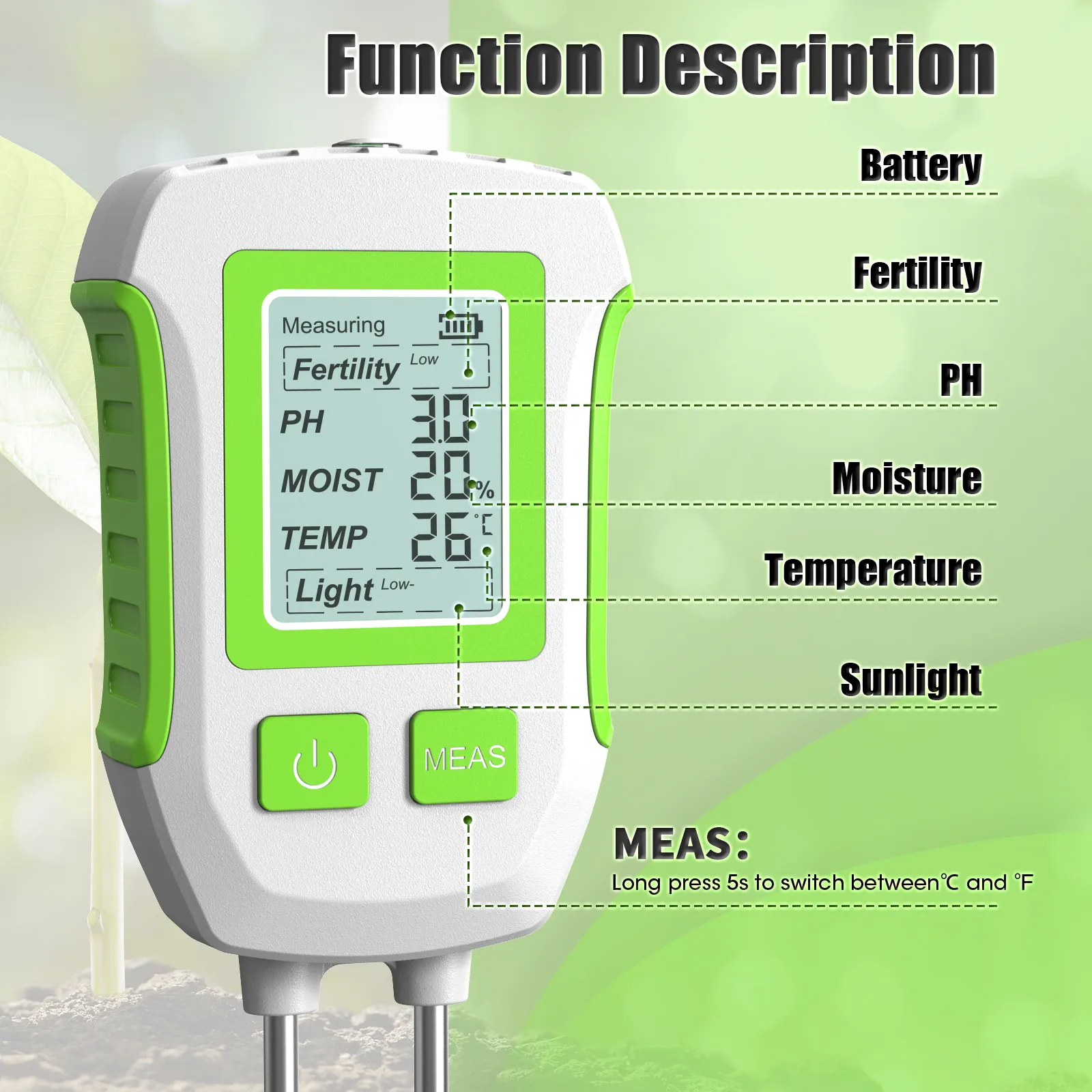 5 in 1 High Accuracy Soil Sensor Tester Moisture pH Fertility Temperature Sunlight Meter Corrosion Resistant Probes LCD Display Anti Slip Handle