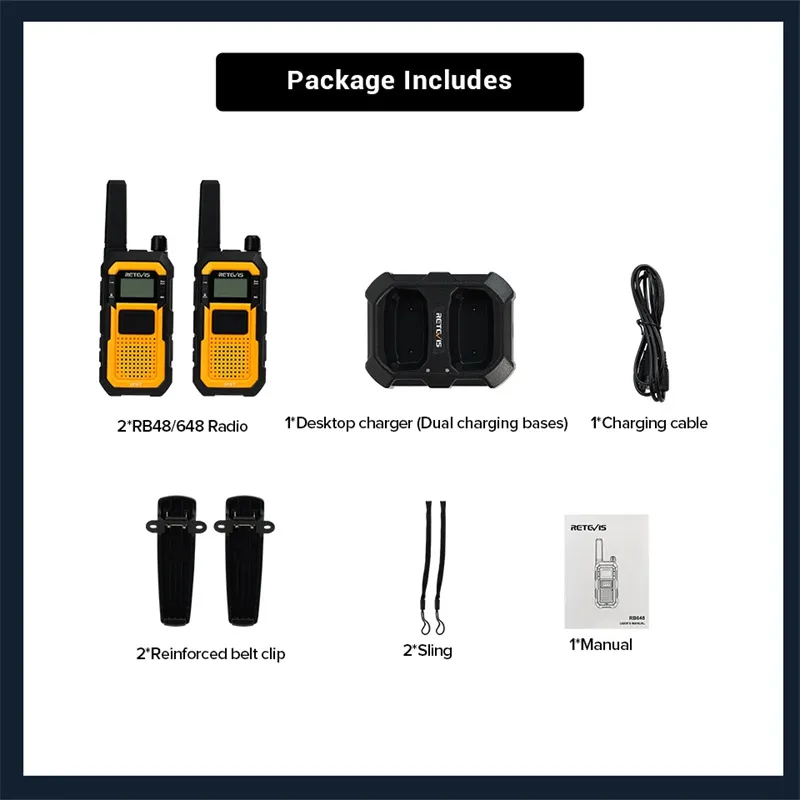 2Pcs Retevis RB48 RB648 Heavy Duty Industrial Walkie Talkie IP67 Waterproof USB Type-C Charger Dual PTTVOX PMR446 FRS Two Way Radio for Construction
