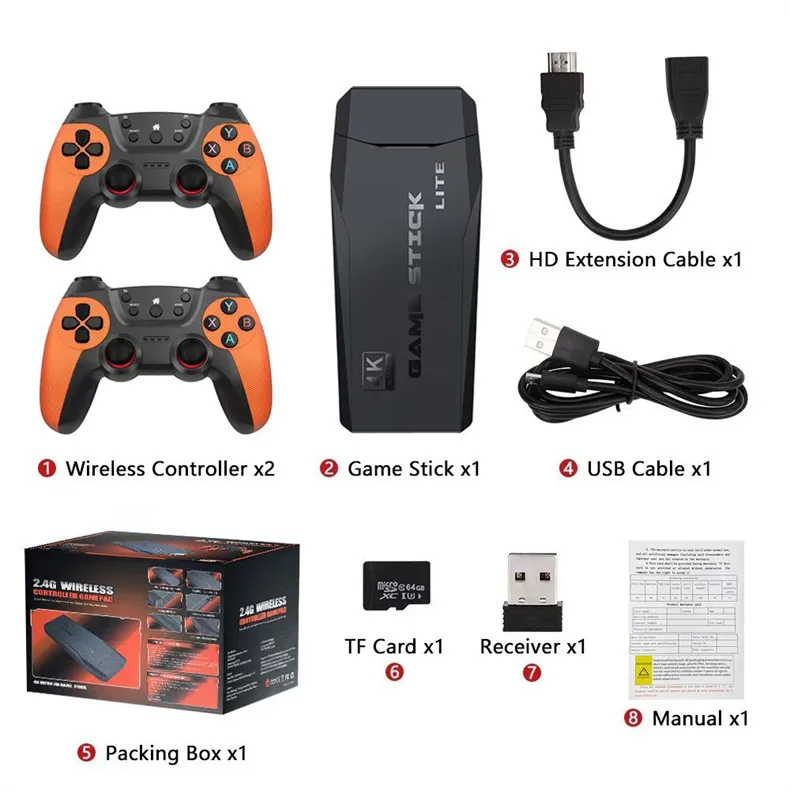 [256G] X2 Pro 2.4G TV Game Stick 4K HD Retro Video Game Console Built-in 60K Games Dual 2.4G Wireless Controllers for Home Gaming
