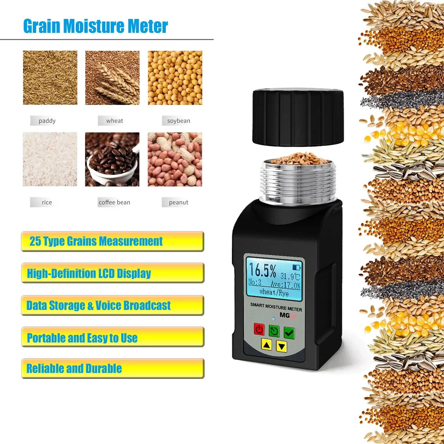GS25A Smart Digital Grain Moisture Meter Accurate Tester Supports 25 Grains Including Corn Rice Coffee LCD Display Temperature Compensation Portable Design Long Battery Life GS25A Smart Digital Grain Moisture Meter Accurate Tester Supports 25 Grains Including Corn Rice Coffee LCD Display Temperature Compensation Portable Design Long Battery Life