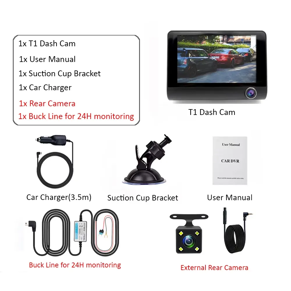 4 Inch 3 Channel Dash Cam Full HD 1080P Front Rear Interior Car Camera Night Vision 170 Degree Wide Angle G-Sensor Loop Recording Parking Monitor