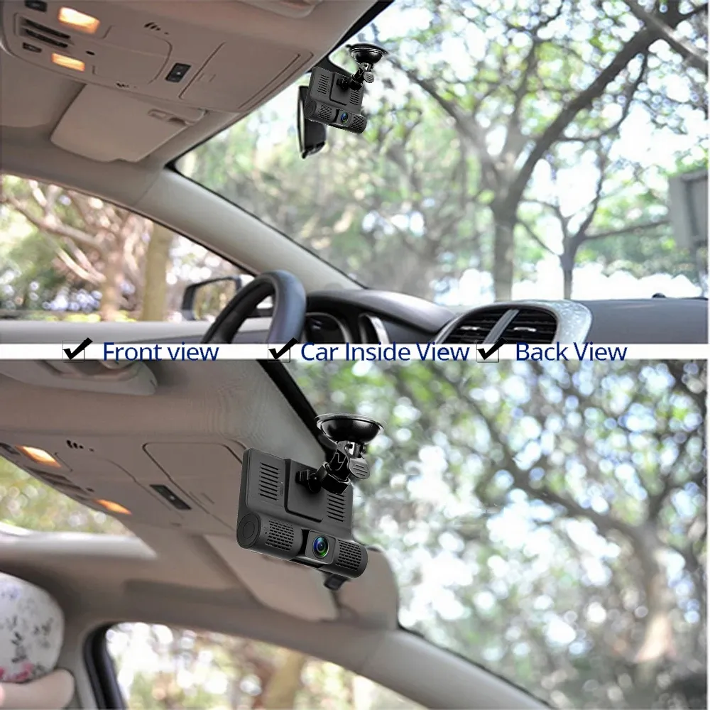 4 Inch 3 Channel Dash Cam Full HD 1080P Front Rear Interior Car Camera Night Vision 170 Degree Wide Angle G-Sensor Loop Recording Parking Monitor