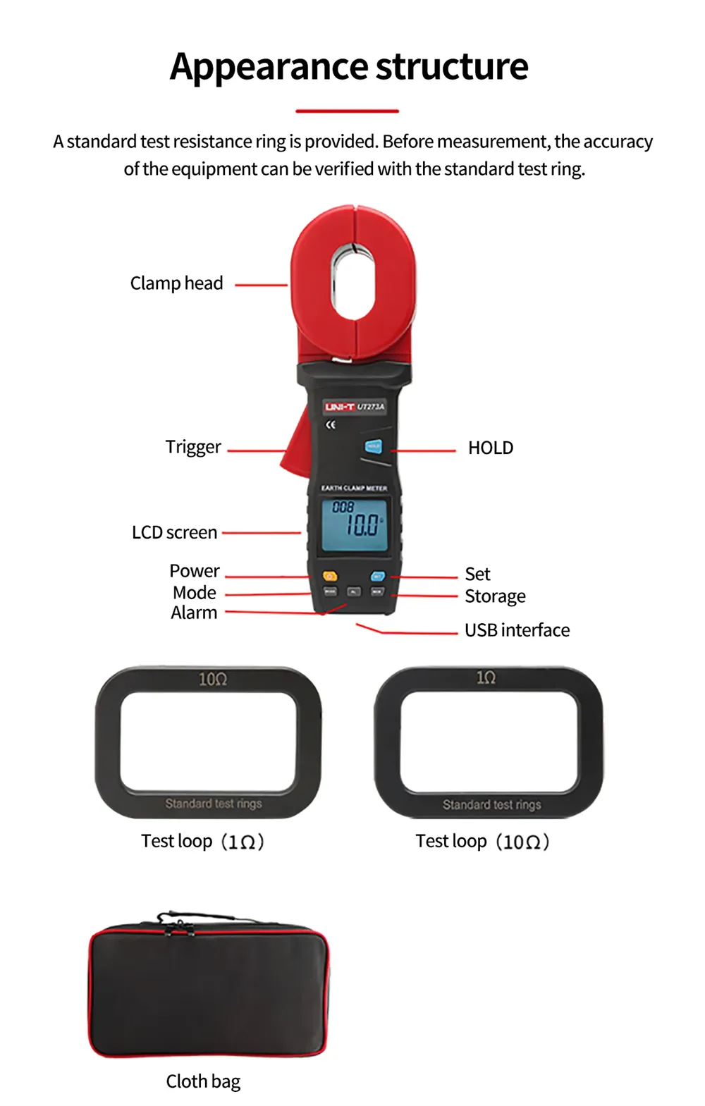 UNI-T UT273A UT273B UT273C Clamp Earth Resistance Tester High Accuracy Resistance Measurement 0.010-1200Ω AC Current 20.0A USB Bluetooth Data Storage 500 Sets Professional Clamp Meter