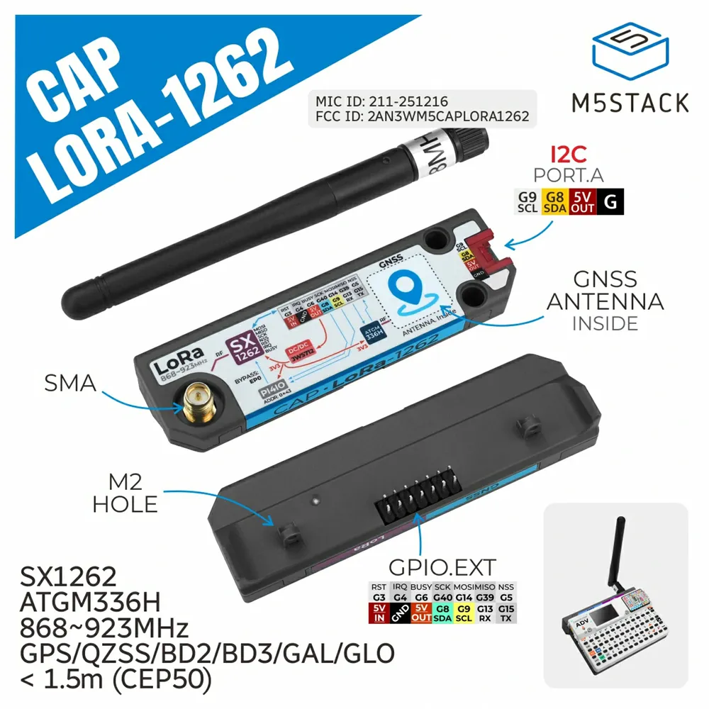 M5Stack Cap LoRa 1262 for Cardputer Adv LoRaWAN Module SX1262 GPS Antenna 868-923MHz High Precision GNSS Positioning IoT Communication M5Stack Cap LoRa 1262 for Cardputer Adv LoRaWAN Module SX1262 GPS Antenna 868-923MHz High Precision GNSS Positioning IoT Communication