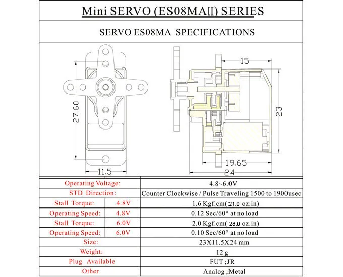 Servo analogico EMAX ES08MA II 12g Mini Metal Gear per modello RC
