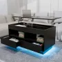Versatile Lift Top Coffee Table with LED Lights High Gloss Surface Storage Compartment Drawers Adjustable Height P2 Grade Particle Board Strong 220 lbs Capacity Ideal for Living Room Office Bedroom