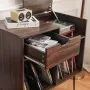 HOMMPA Record Player Stand with LED Light Large Record Player Table with Vinyl Record Storage Holder 31.8\ Tall Mid Century Turntable Stand for Living Room Table with Drawer Flap Open Storage