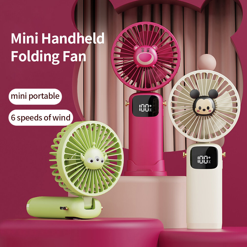 USB Mini Silent Handheld Folding Fan Digital Display 6 Speed Of Wind With Portable Stand Small Fan