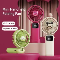 USB Mini Silent Handheld Folding Fan Digital Display 6 Speed Of Wind With Portable Stand Small Fan