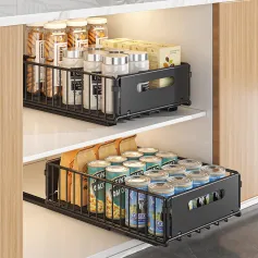 2PCS Kitchen Sink Rack Retractable Metal Basket Double Layer Seasoning Snack Bottle Pull Out Storage Rack Cabinet Layered Rack