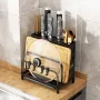 Stainless Steel Kitchen Knife Holder Rack Countertop Cutting Board Rack Chopsticks Forks Integrated Storage Organizer w/ Hooks