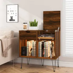 HOMMPA Record Player Stand with LED Light Large Record Player Table with Vinyl Record Storage Holder 31.8\ Tall Mid Century Turntable Stand for Living Room Table with Drawer Flap Open Storage