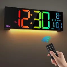 16インチ大型LEDデジタル壁掛け時計、リモコン付き、ダイナミックRGBディスプレイ、自動明るさ、日付、温度、ナイトライト、ジムクロック、リビングルーム、寝室、オフィスの壁装飾に最適