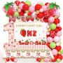 205PCS Strawberry Party Decor Balloon Set Strawberry Balloon Garland Arch Kit with Strawberry Print Marquee 1 Berry One Backdrop 1st Birthday Girl Strawberry Party Supplies Tablecloth