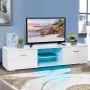 Woodyhome High Gloss TV Stand with LED Lights 2 Drawers Cabinet Unit Storage Entertainment for TVs up to 59 Inches