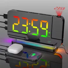 180 ° Rotation RGB Colorful Night Light Radio Projection Clock Projection Digital Alarm Clock With Night Light 2 USB Output Port 12H/24H FM Radio Time Projector LED Clock