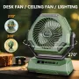 Ventilador de acampamento recarregável de 6000 mAh com luz LED Ventilador oscilante de teto portátil para áreas externas Carregamento tipo C Ângulos ajustáveis Controle de brilho Material resistente Ventilador de resfriamento de ar