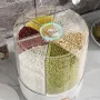 Household Rice Dispenser 360 Degree Rotating Transparent Dry Food Dispenser Sealed Food Holder with 6 Compartments Removable Lid Storage Container for Kitchen Cereals