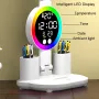 4-Head Table Lamp With RGB Ambient Light & Clock Time Date Display Pen Holder Desk Lamp Reading Light