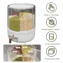 Household Rice Dispenser 360 Degree Rotating Transparent Dry Food Dispenser Sealed Food Holder with 6 Compartments Removable Lid Storage Container for Kitchen Cereals