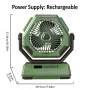Ventilador de acampamento recarregável de 6000 mAh com luz LED Ventilador oscilante de teto portátil para áreas externas Carregamento tipo C Ângulos ajustáveis Controle de brilho Material resistente Ventilador de resfriamento de ar