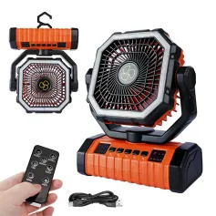 IPRee Camping Portable Desk Fan with LED Light, 20000mAh Battery Rechargeable Quiet Camping Fan, Battery Operated with Hanging Hook for Home Bedroom