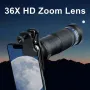 36X Phone Camera Telephoto Lens 4 In 1 Clip-on Telecope Zoom Macro Fisheye with Tripod Eyemask Storagebag Clip-On Lense for Hiking Camping Wildlife Observation Moon Sports Game Concert Watching