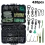 Anmuka 420pcs Fishing Tackle Kit ABS Boxed Fishing Accessories Set with Hooks Swivels Beads Locking Pins Screw Block Beans Anti-winding Sleeves Fit for Anglers