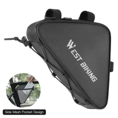 WEST BIKING 0.6L Bicycle Front Frame Triangle Bag With Mesh Pouch MTB Road Bike Waterproof Bottom Tube Bag Elastic Luggage Straps For Storage