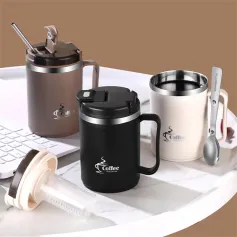 Double-Wall Coffee Office Mug 304 Stainless Steel Water Mug Cup With Spoon&Tea Strainer Leak Proof Anti Scalding Drinking Cup