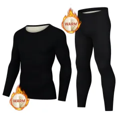 TENGOO 2Pcs Men Winter Thermal Wear, Thermal Underwear Set, Thermal Base Layer Set, Warmth Slim Body and High Elasticity Comfortable and Breathable Long Sleeve Crew Neck Bottom Shirts Tops & Pants Men's Thermal Clothing