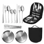 IPRee 11pcs Stainless Steel Flatware Set for Camping, Hiking & Outdoor Dining - Polished Finish Portable Cutlery Kit with Plates, Spoons, Forks, Travel Utensil Set for Picnics & Backpacking