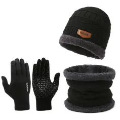 3pcs/set Women Men Winter Hat and Glove Sets Warm Knit Hat Snow Ski Skull Cap with Visor and Touch Screen Mittens Texting Gloves Set