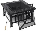 [USA Direct] Fire Pit 32'' Wood Burning Firepit Metal Square Outdoor Fire Tables SteelFire Pit Bowl with Spark Screen Cover, Poker Log Grate for Patio Camping Backyard Garden Picnic, 8866