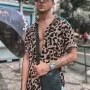 OUTDOOR Summer Leopard Print Shirts Fashion Men Short Sleeve Lapel Shirt Casual Floral Blouse Men Hawaiian Beach Tops