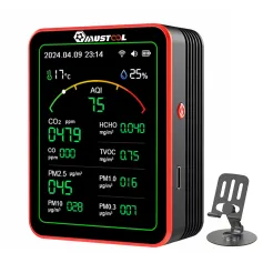 MUSTOOL 15-in-1 Air Quality Monitor Wifi Tuya App 15-in-1 Smart Tester With stand CO2 CO TVOC HCHO PM2.5 PM1.0 PM10 AQI Battery Powered Real-Time Display for Home Office