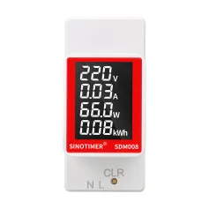 SINOTIMER SDM008 AC Din Rail Multifunctional Meter with LCD Display Measures AC Power Voltage (50-300V) Current (0-100A) Active Power (0-30kw) Energy Consumption (0-1999kwh) Ideal for Effective Energy Management and Consumption Monitoring