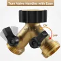 Solid Brass 2 Way Y Valve Garden Hose Connector Splitter Adapter 3x3x2 inches with Moderate Grip and Rubber Finish - Ball Valve Dual Ports