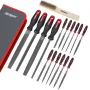 HI-SPEC 16/17 Piece Metal File Set Premium Grade T12 Drop Forged Alloy Steel Triangle/Half-round/Flat/Round Large File and 12pcs Needle Files
