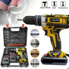 59pcs 21V Cordless Drill Set 3/8 Inch Keyless Chuck 25-Position Clutch 45Nm Max Torque 2-Variable Speed 2 Batteries Fast Charger