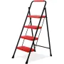 [US Direct]Portable Folding Ladder Red 4 Step Anti-Slip Wide Pedal Versatile Use for Home Office Garden