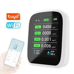 8 لە 1 چاودێری کوالێتی هەوا Tuya WIFI CO2 HCHO TVOC PM1.0 PM2.5 PM10 تاقیکەرەوەی پلەی گەرمی شێ پێوەری دۆزەرەوەی دووەم ئۆکسیدی کاربۆن
